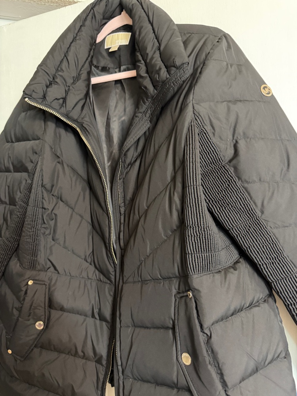 Michael Kors Black Quilted Puffer Jacket with Ribbed Side Panels